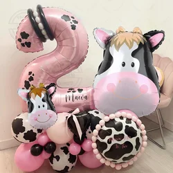 37PCS pink Cow Themed Balloon Column 32inch pink Number 1-9st Children Birthday Party Decoration Animal Farm Foil Balloon Decor