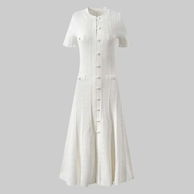 Zomer wijnrood korte mouw enkele rij knopen ronde hals lange jurk dames Frans zwart beige elegante holle slanke gebreide jurk