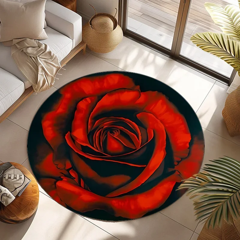Red Rose Round Rug, Machine Washable, Non-slip, Stain Resistant, Indoor/Outdoor Mat, Chair Pad, Bedroom, Laundry Room Decor