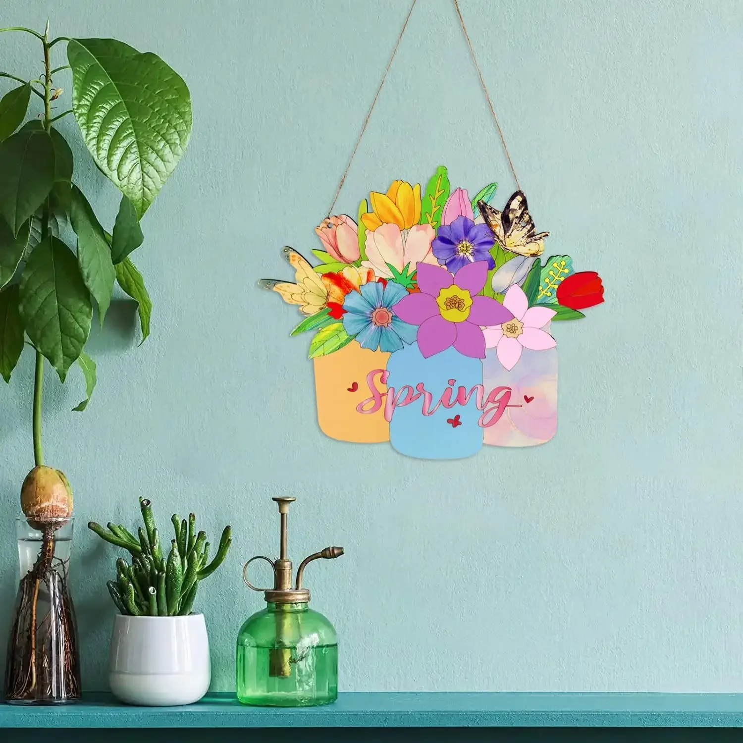 Wooden Spring Decor Mason Jar Flower Bouquet Signs Floral Wreath Wood Crafts Door Porch Window Hanging Ornaments Home Decor