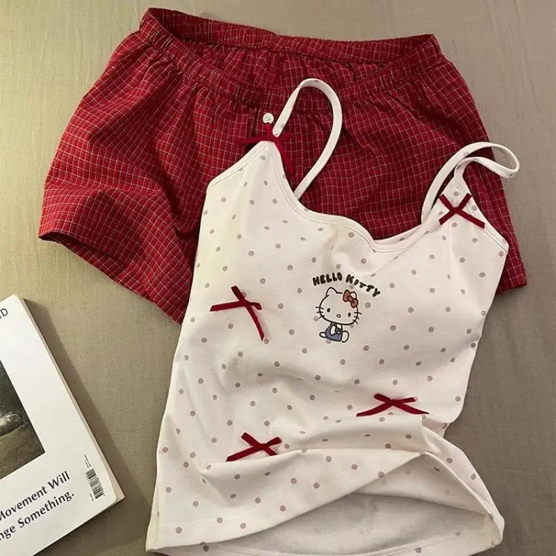 

New Style Hello Kittys Suspender Pajamas Home Clothes Suit Spring and Summer Style Girl Student Cute Print Pure Lustful Hot Girl