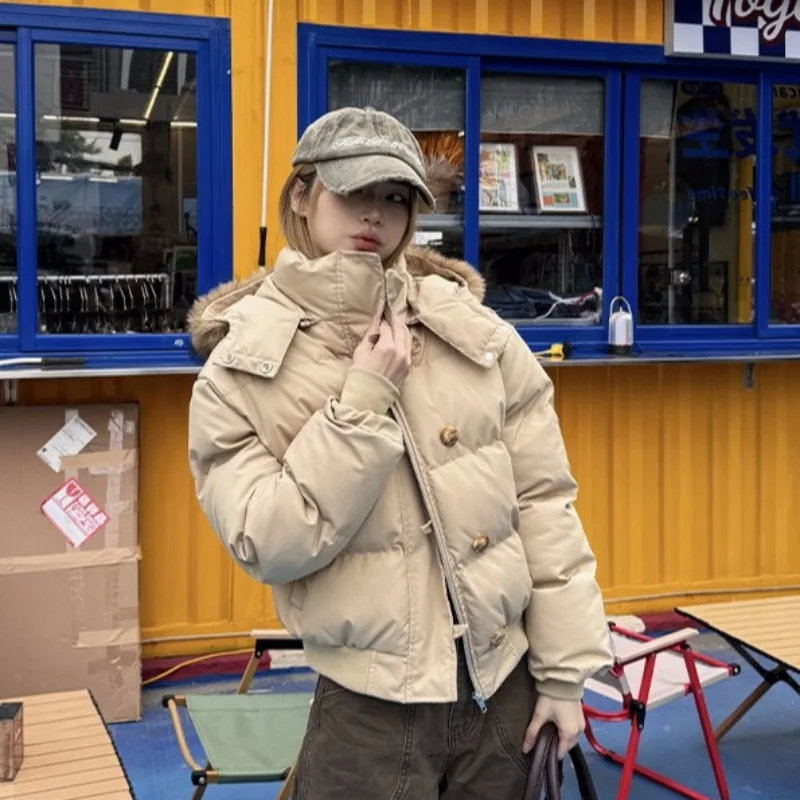 Autumn Winter Hooded Jacket Retro Women Outerwear Thickened Loose Short Parkas Windproof Warm Stand Collar Zippers Female Coat