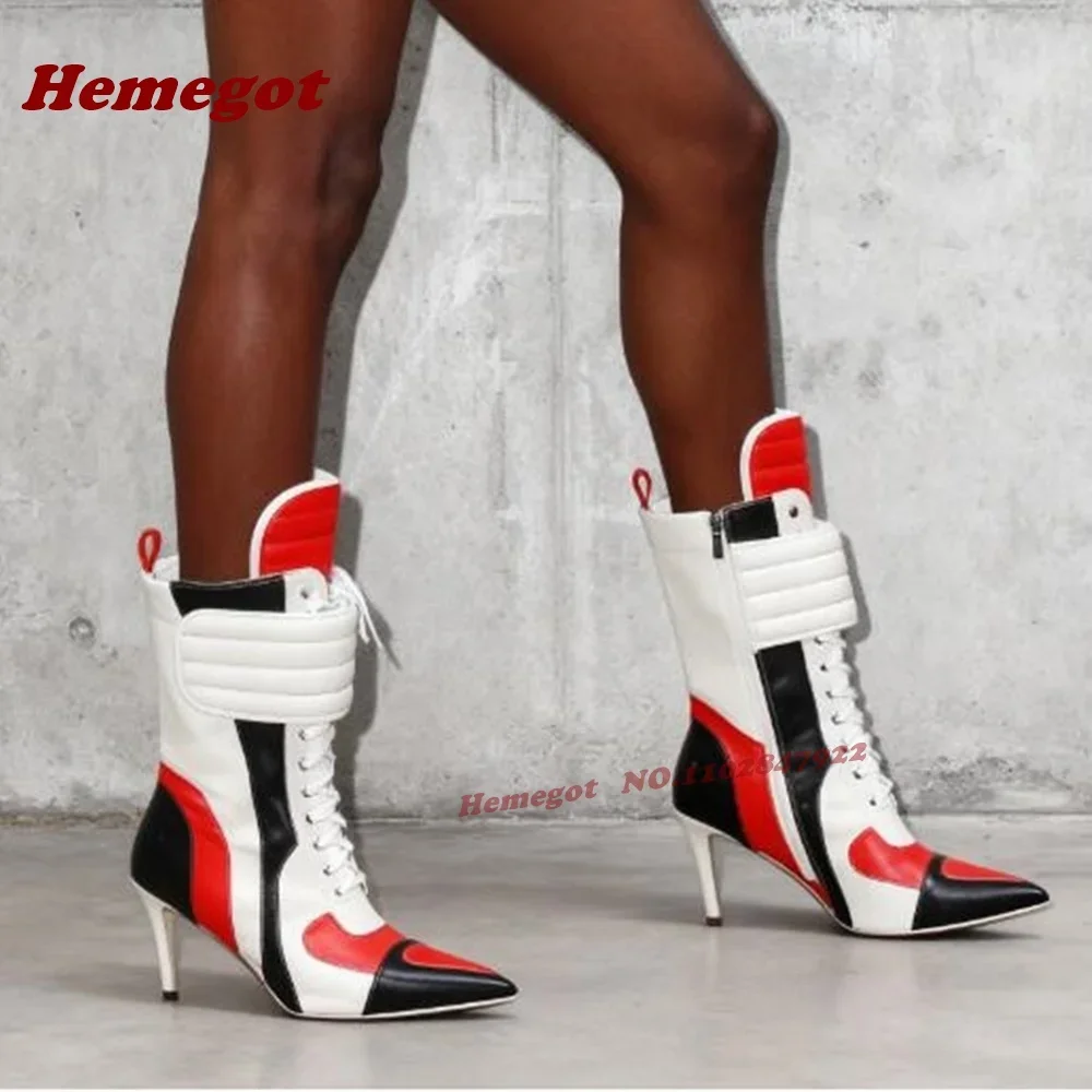

Pointy Toe Stiletto Heels Splicing Women's Ankle Boots Yellow Black Patchwork Motorcycle Boots Side Zipper Hook and Loop Shoes