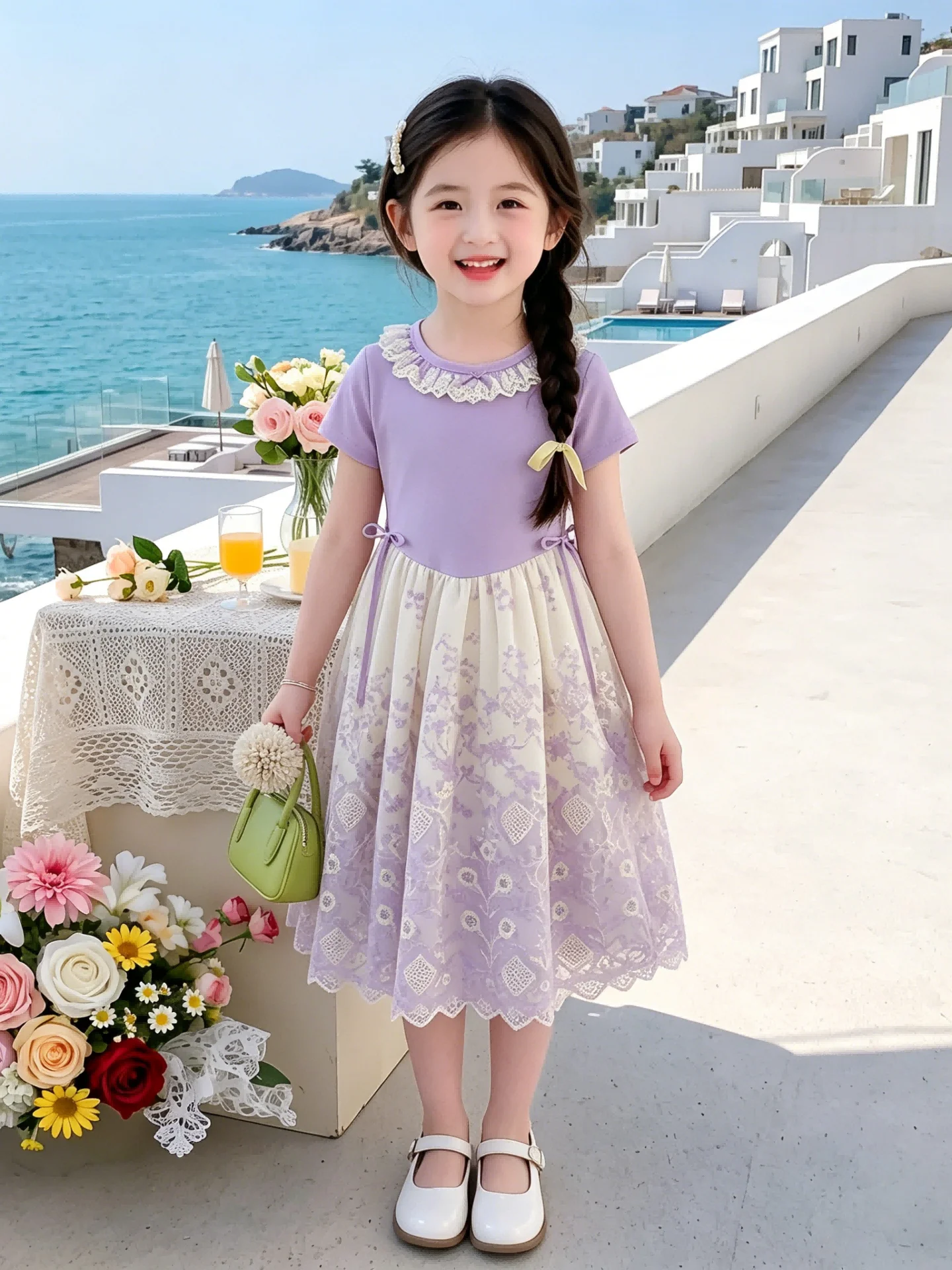 韓国風夏用ワンピース-女の子用-美しい個性的な服-子供服-半袖-ミッドウエスト丈-ミディスカート