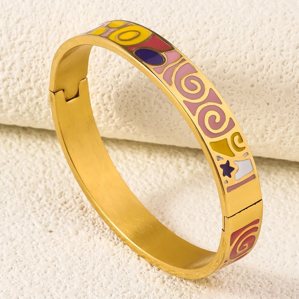 

Chic Chinese Enamel Bracelet Gold Color Waterproof Ethnic Flower Bangle Classic Stainless Steel Women's Hand Bracelet