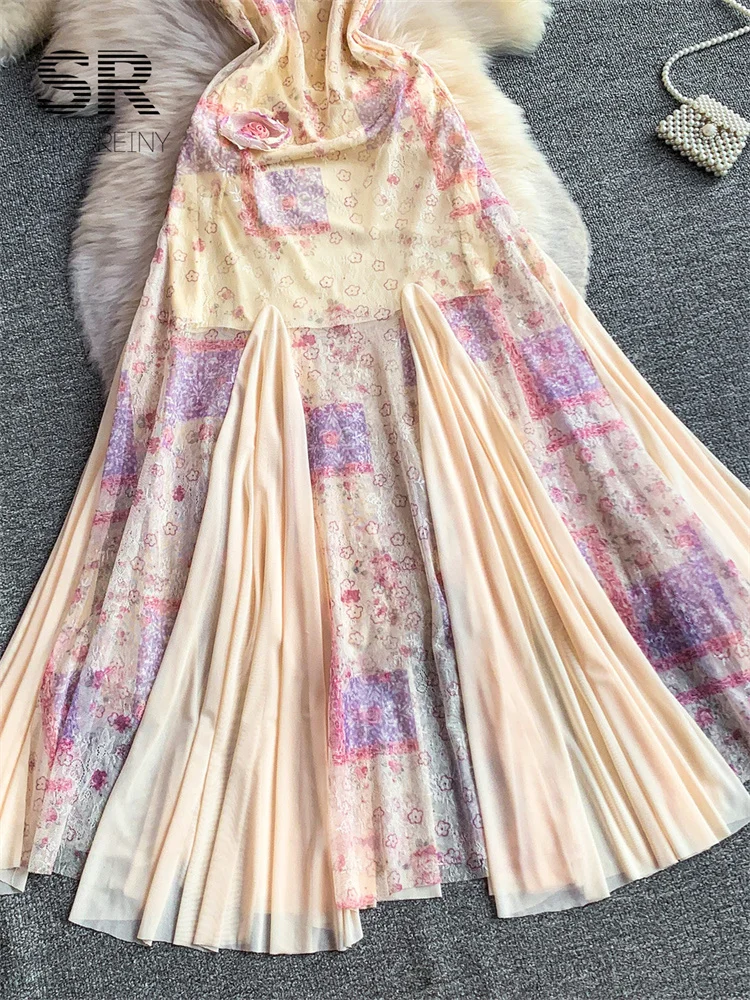 SINGREINY 3D Floral Mesh Sundress Ladies French Print Splice Sling A-line Slim Gentle 2026 Summer Romantic Vacation Long Dresses - Image 4