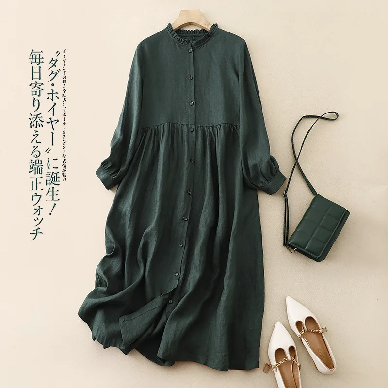 

Vintage Cotton Linen Green Dresses Round Neck Solid Long Sleeve Maxi Dress Women Clothing Loose Cardigan Ladies Christmas Robe