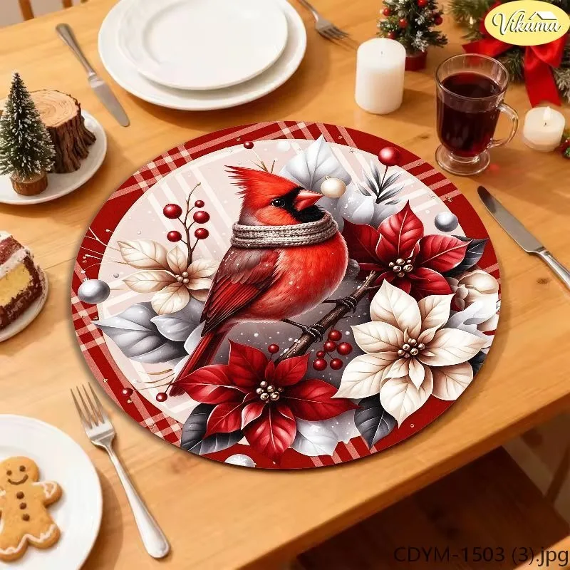 VIKAMA Christmas Round Placemats Red White Gingham Red Cardinal Bird Scarf Poinsettia Berry Mat Winter Holiday Decor