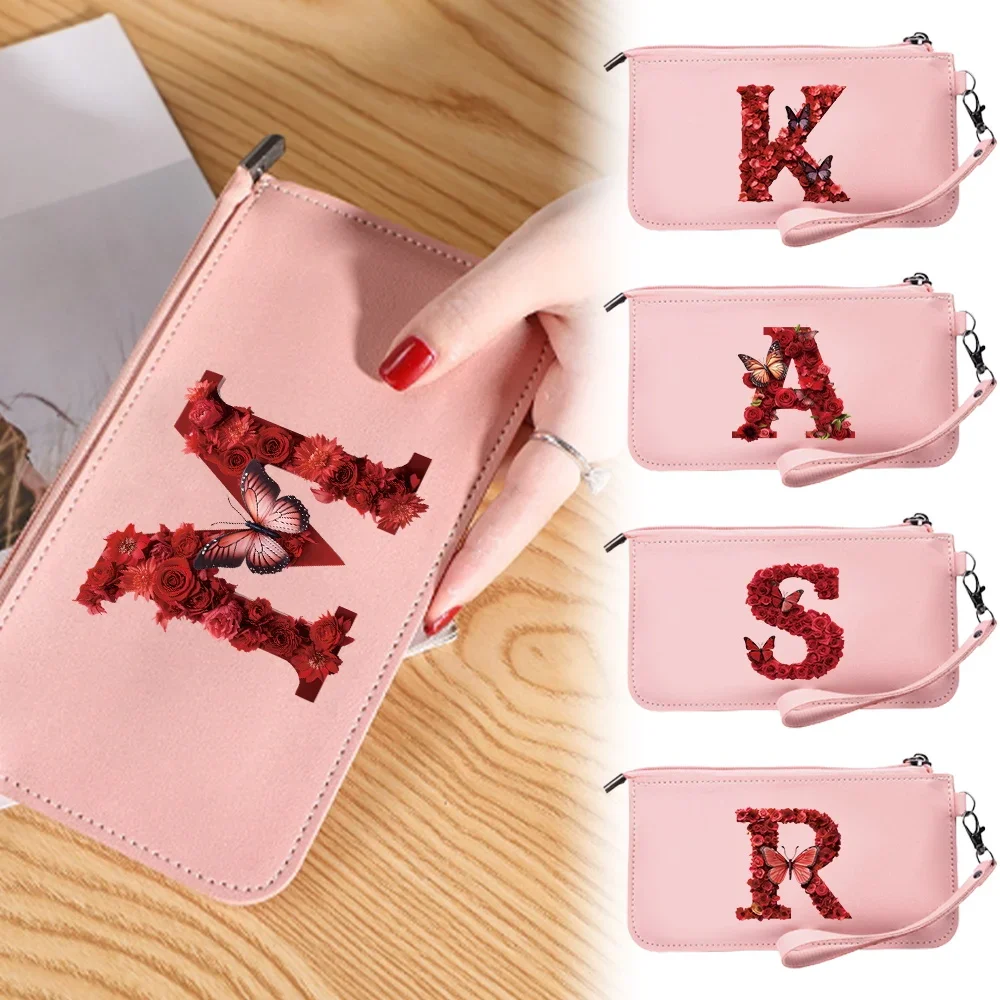 

Fashion Zipper Wallets Womens Purses Handbags Leather Billfold Wallet Anti Thief Rfid Minimalist Wallet Red Rose Pattern