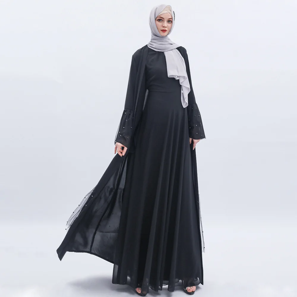 

2025 Malaysian New Muslim Women's Robe Cardigan Black Pearl Chiffon Mesh Long Dress Abaya Ramadan Dubai Luxury Islam Elegant