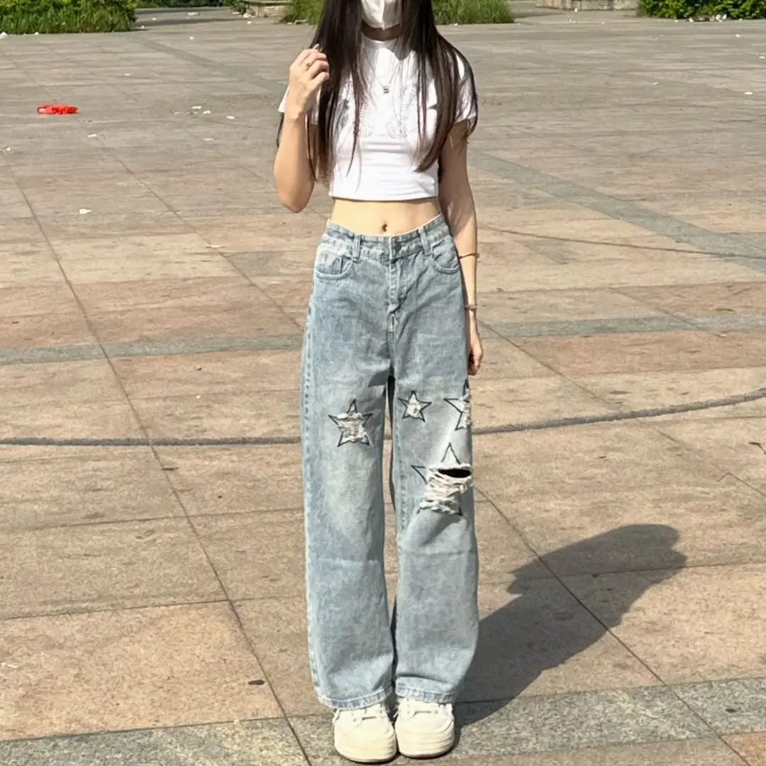 Vintage High Street Women New Blue Jeans Embroid Hole Pockets Zipper Buttons Korean Fashion High Waist Loose Straight Pants 2024