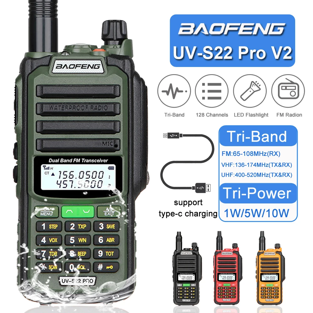 Baofeng UV-S22 PRO V2 IP68 Waterproof Walkie Talkie Dual Band 136-174/400-520MHz Ham Radio 10W Power 50KM Range 128CH FM Radio