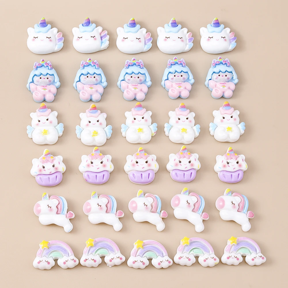 Leslie 15 Stücke Neue Nette Regenbogen Einhorn Harz Flache Rückseite Cabochon Für DIY Telefon Fall Kühlschrank Magnet BJD Puppe Kinder Spielzeug – Detail 4