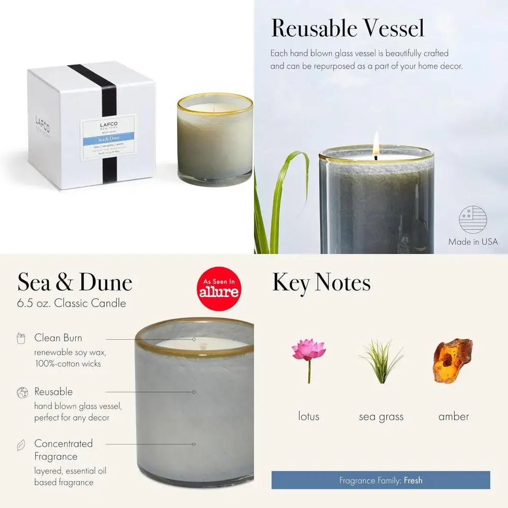 Classic 6.5 oz Sea & Dune Scented Candle with 50-Hour Burn Time, Reusable Hand Blown Glass, American Made