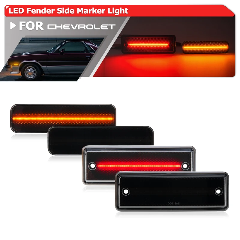 4x Smoked LED Amber Red Fender Side Marker Lights For 1982-1987 Chevrolet El Camino Malibu GMC Caballero Car Turn Signal Lamps