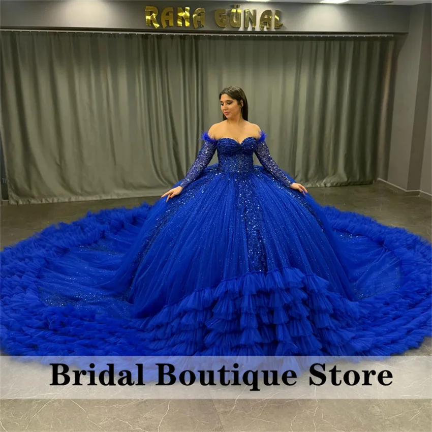 

Royal Blue Princess Ball Gown Quinceañera Dresses Beads Crystal Feathers Tiered Ruffles Birthday Party For 15th Girls Customized