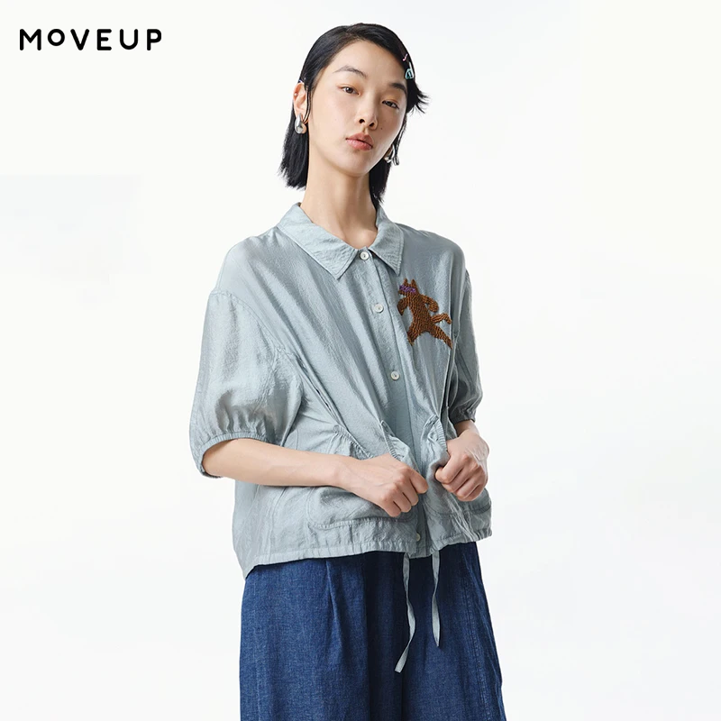 

MOVEUP Short Sleeved Round Neck Shirt 2026 Summer Turn-Down Collar Patch Pocket Fun Embroidered Loose Top For Women 125220420