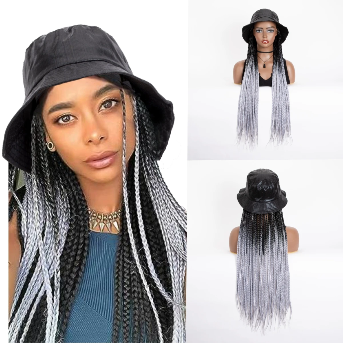 WIGERA-trenzas sintéticas trenzadas para mujeres negras, extensiones de cabello con degradado, negro, gris, largo, caja de 24 pulgadas, sombrero de cubo de verano