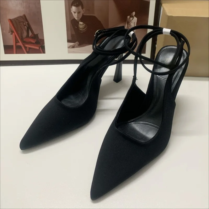 

Black High Heels Sandals for Women Cross Strap Designer Brand Slingbacks Summer Pointed Toe Elegant Business Party Lady Shoes