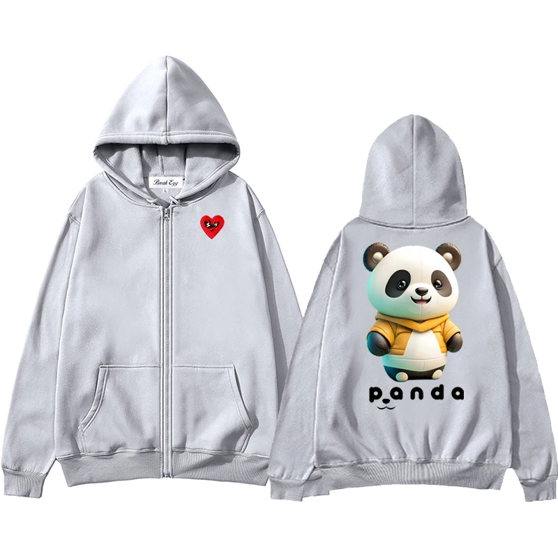 

Boxing Panda Cartoon Printing Men Women Zipper Hoodie Polyester Red Glasses Heart Embroidery Pocket Loose Thin Autumn Sweater