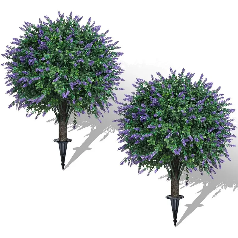 Set of 2 Artificial Lavender Boxwood Topiary Ball Bush for Outdoor with Ground Spike 22