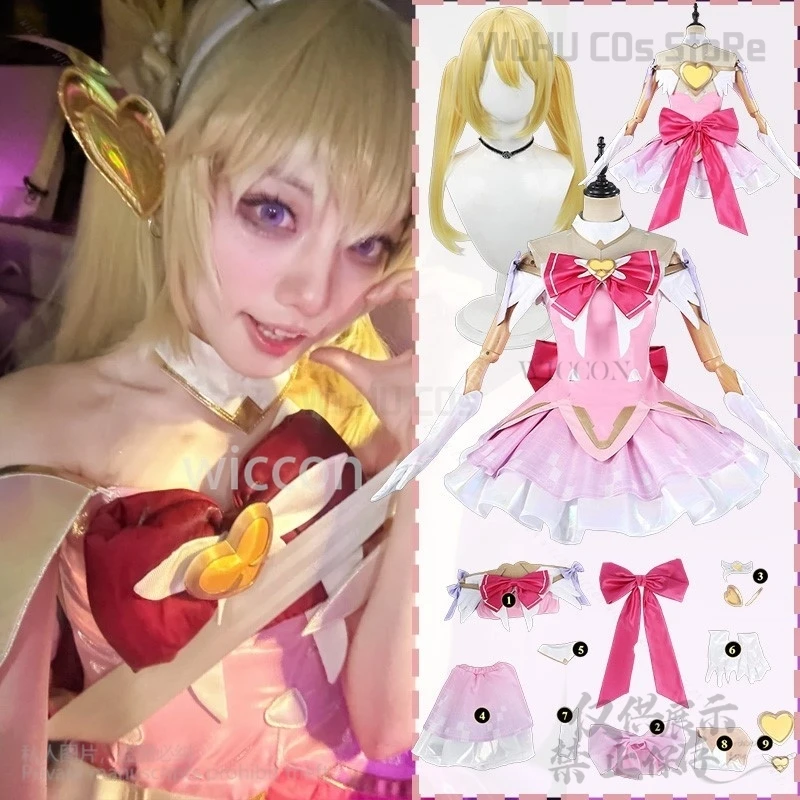 

Juno Cosplay Costume Game WATCHH2 Kawaii Sweet Lolita Dress Heart Bow Pink Jirai Kei Wigs For Girls Woman Over