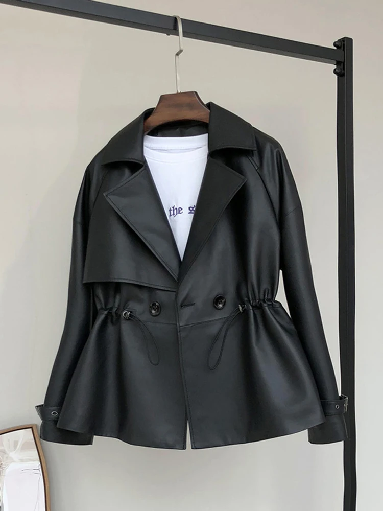 Nerazzurri Spring Black Short Soft Faux Leather Trench Coat for Women Raglan Sleeve Drawstring Lapel Double Breasted Fashion