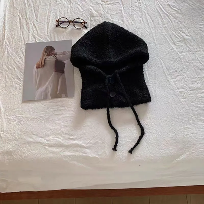Women Knitted Balaclava Hooded Drawstring Plush Soft Thicken Ear Protection Windproof Coldproof Winter Warm Beanie Cap Accessory