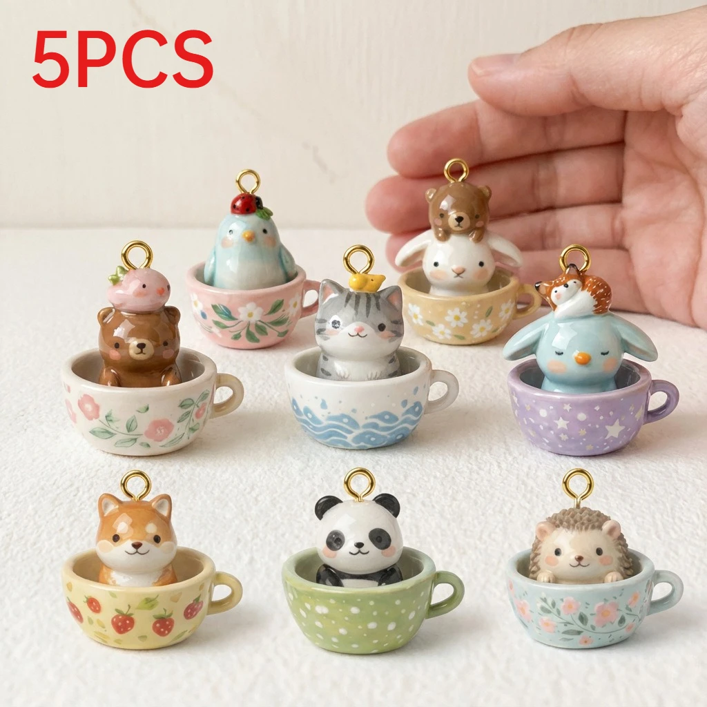 5Pcs Teacup Animal Series 3D Charms Fox Penguin Rabbit Panda Hedgehog Pendant DIY Necklace Bracelet Jewelry Making Accessories