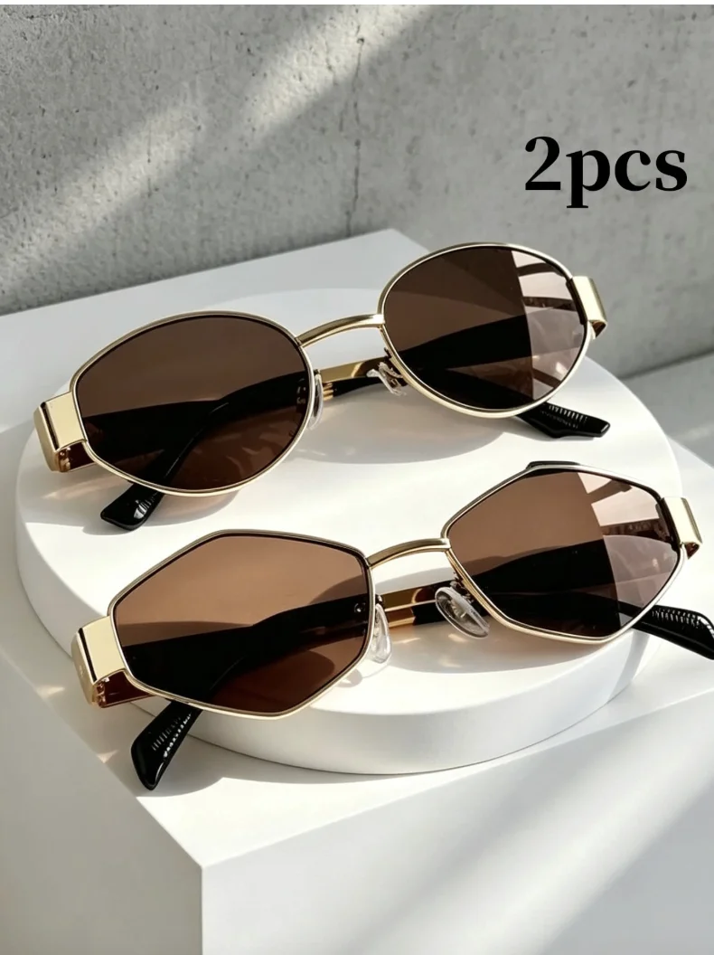 1 Set Includes 1 Pair of Oval-Shaped and 1 Pair of Polygonal 2-Piece Summer Fashion Glasses, Retro Oval Metal Frame Decorative Glasses, Unisex, Suitable for Street Photography, Commuting, and Decorative Wear.