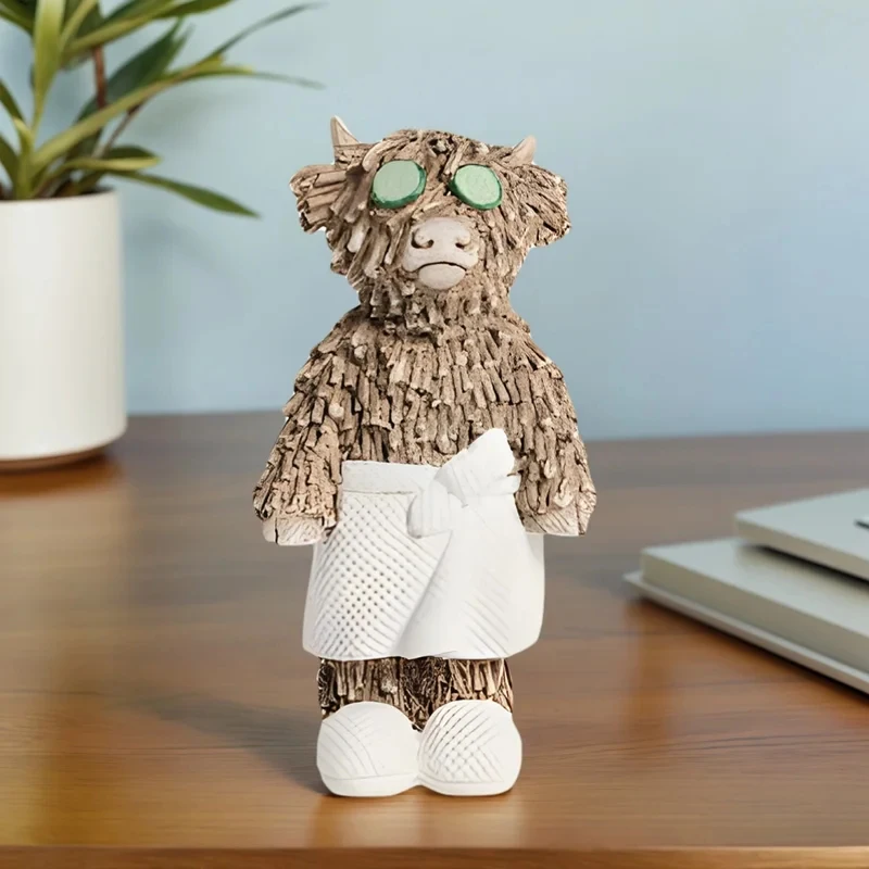 Highland Cow Bathrobe Figurine with Cucumber Eyes, Collectible Room Decor, Quirky Indoor and Outdoor Decor for Home, Unique Gift