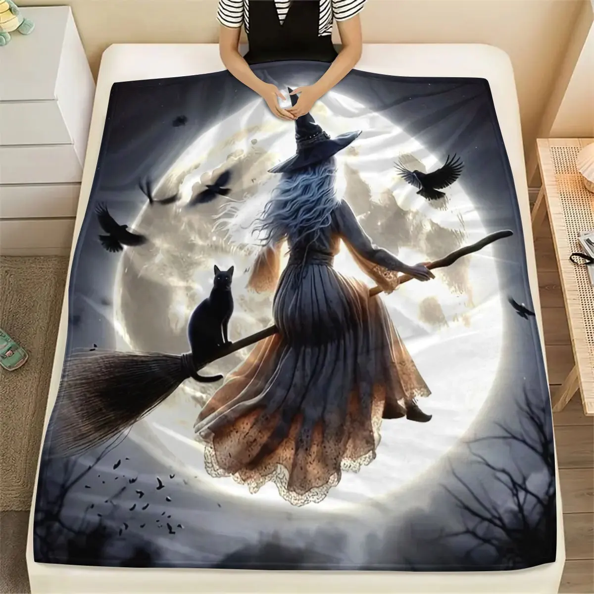 Halloween Witch Flannel Throw Blanket Witch Riding Broomstick With Black Cat And Crows Under Full Moon Dark Night Fantasy