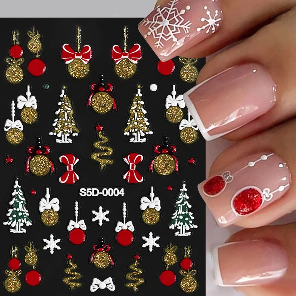 ﻿ 1 foglio 5D adesivi per unghie natalizi laser oro riflessione glitter fiocchi di neve fiocchi di Babbo Natale fiocchi campanelle regalo calzini decalcomanie per unghie