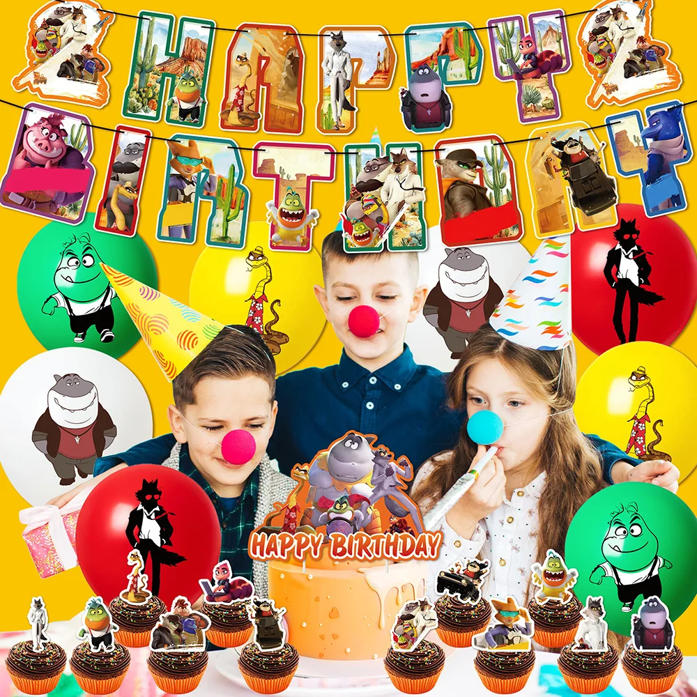 The Bad Guys Cartoon Birthday Decorations Set with Banner, Balloons & Cake Decor, Props for Kids Party Game