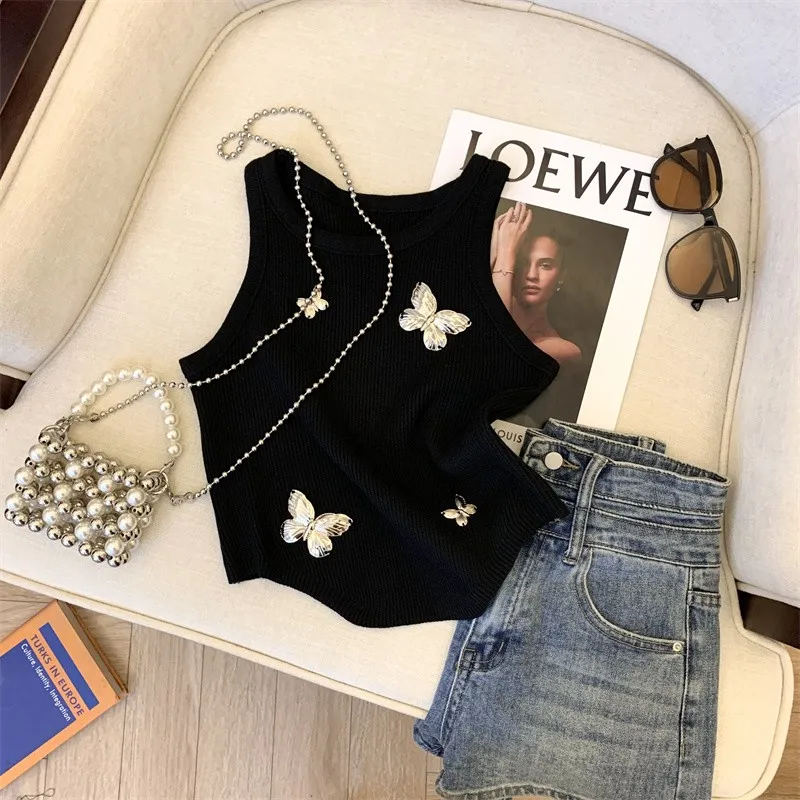 Butterfly Slim Knit Sweater Vest For Women Stylish Sexy Fashion Chic Crop Tops 2024 Summer Sleeveless O-neck Knitwear Jumpers