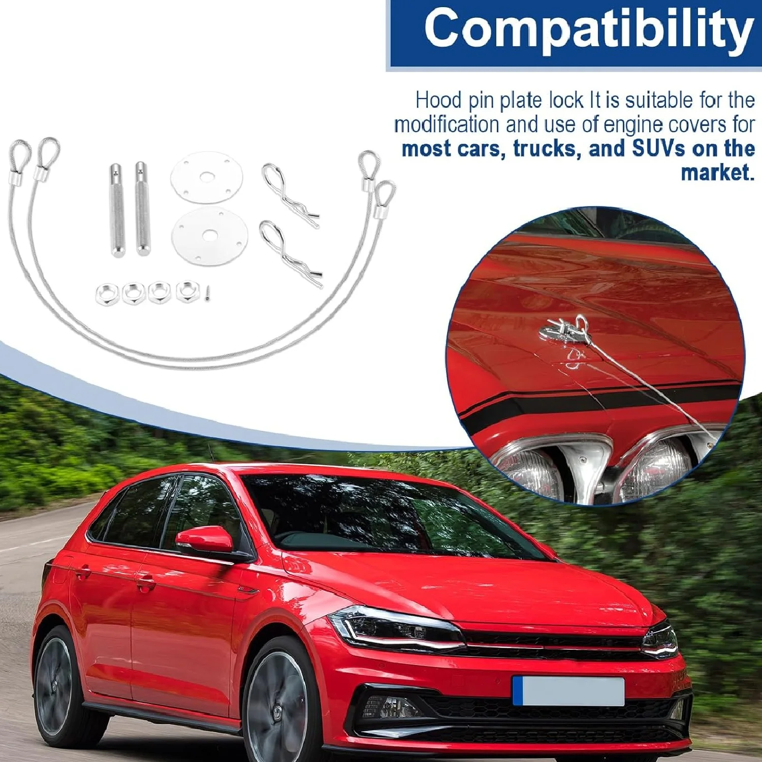 1 Set Stainless Steel Engine Hood Pin Plate Bonnet Lock Clip Kit with Racing Lanyard for Universal Car Mods Exterior Accessories
