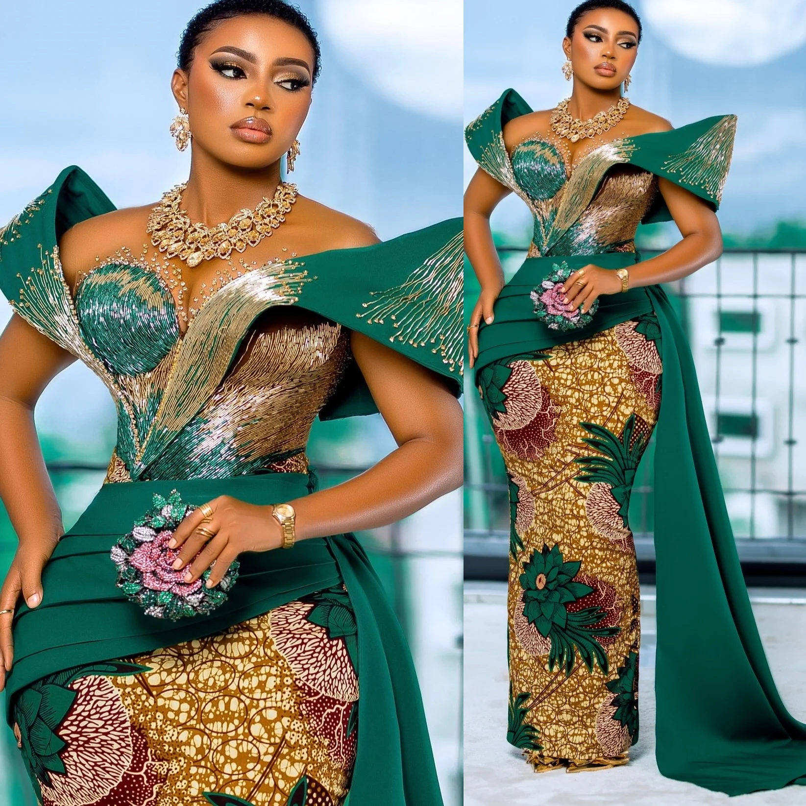 Hunter africano verde recto 2025 vestidos de fiesta impreso con cuentas cuello transparente noche Formal fiesta cumpleaños vestidos ZJ1782