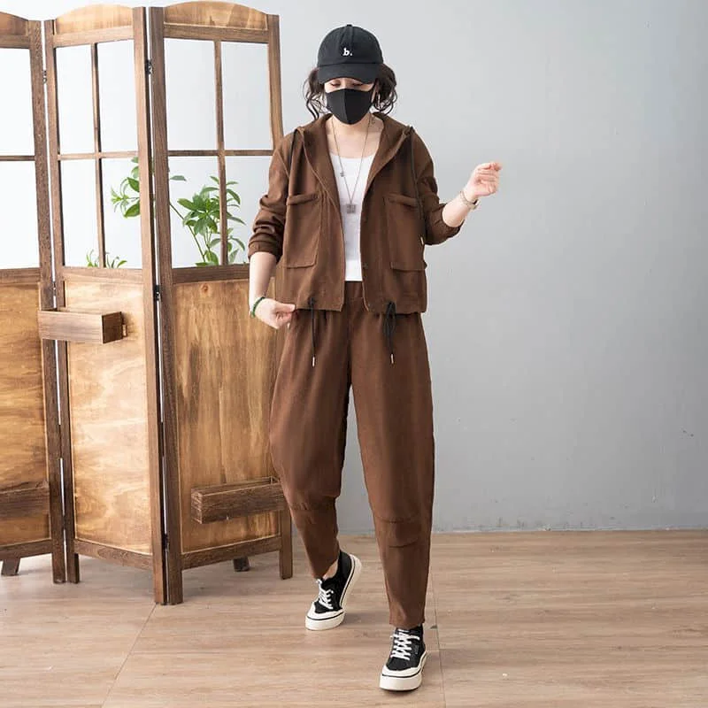 

Однотонные комплекты брюк Свободные осенне-зимние винтажные пальто с капюшоном и шаровары с длинными рукавами Корейский стиль Спортивный костюм Женский комплект из двух предметов