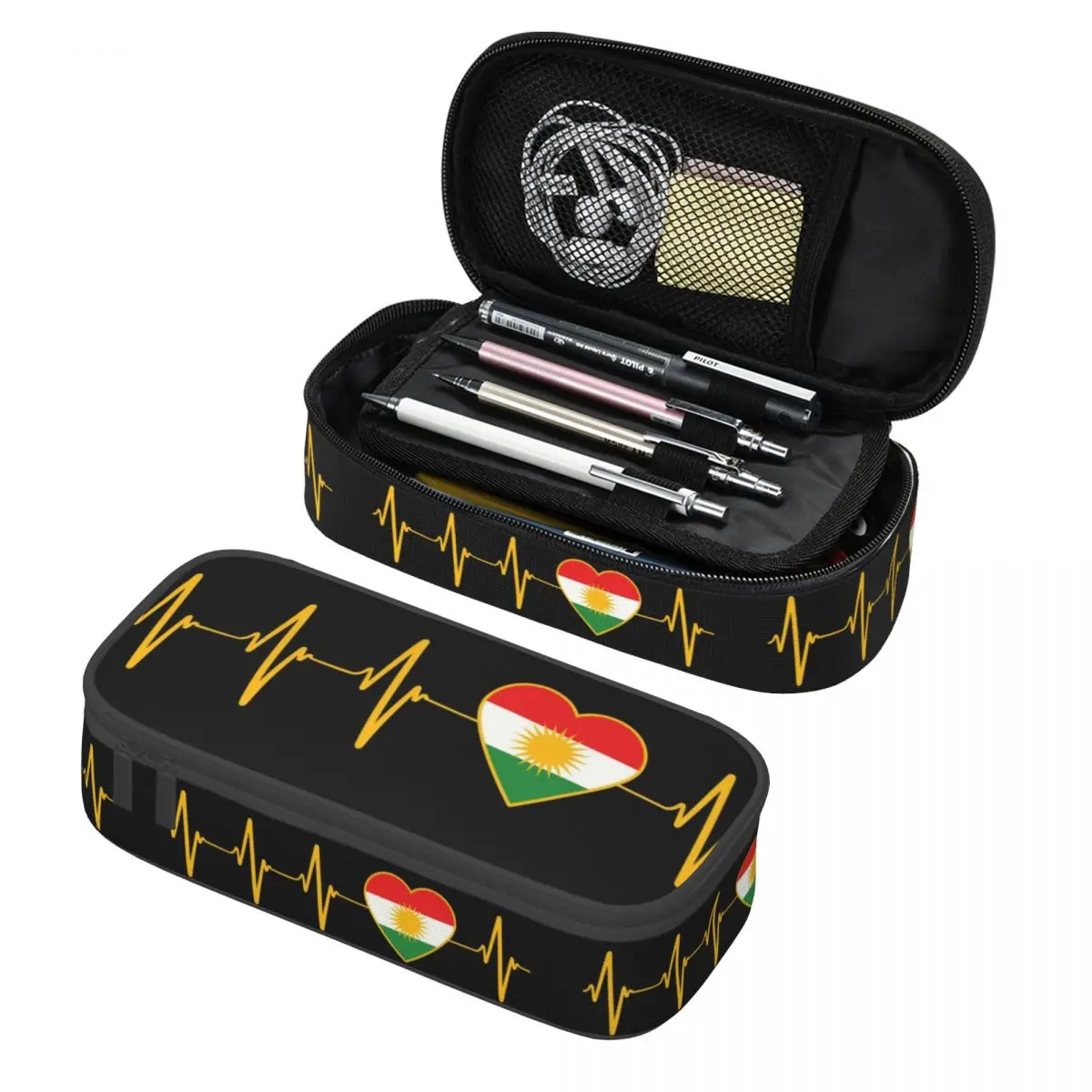 Customized Kurdish Heartbeat I Love Kurdistan Heartbeat Flag Pencil Cases Large Capacity Syrian Pencil Box School Supplies