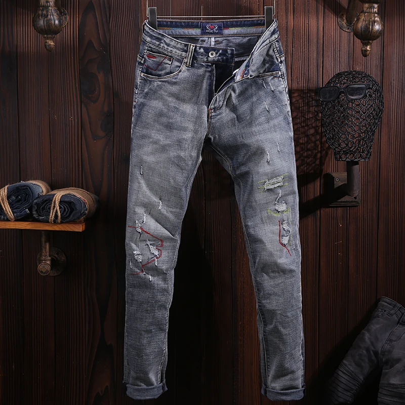 Newly Fashion Vintage Men Jeans Retro Blue Elastic Slim Trousers Hole Ripped Jeans Men Embroidery Designer Denim Pants Hombre