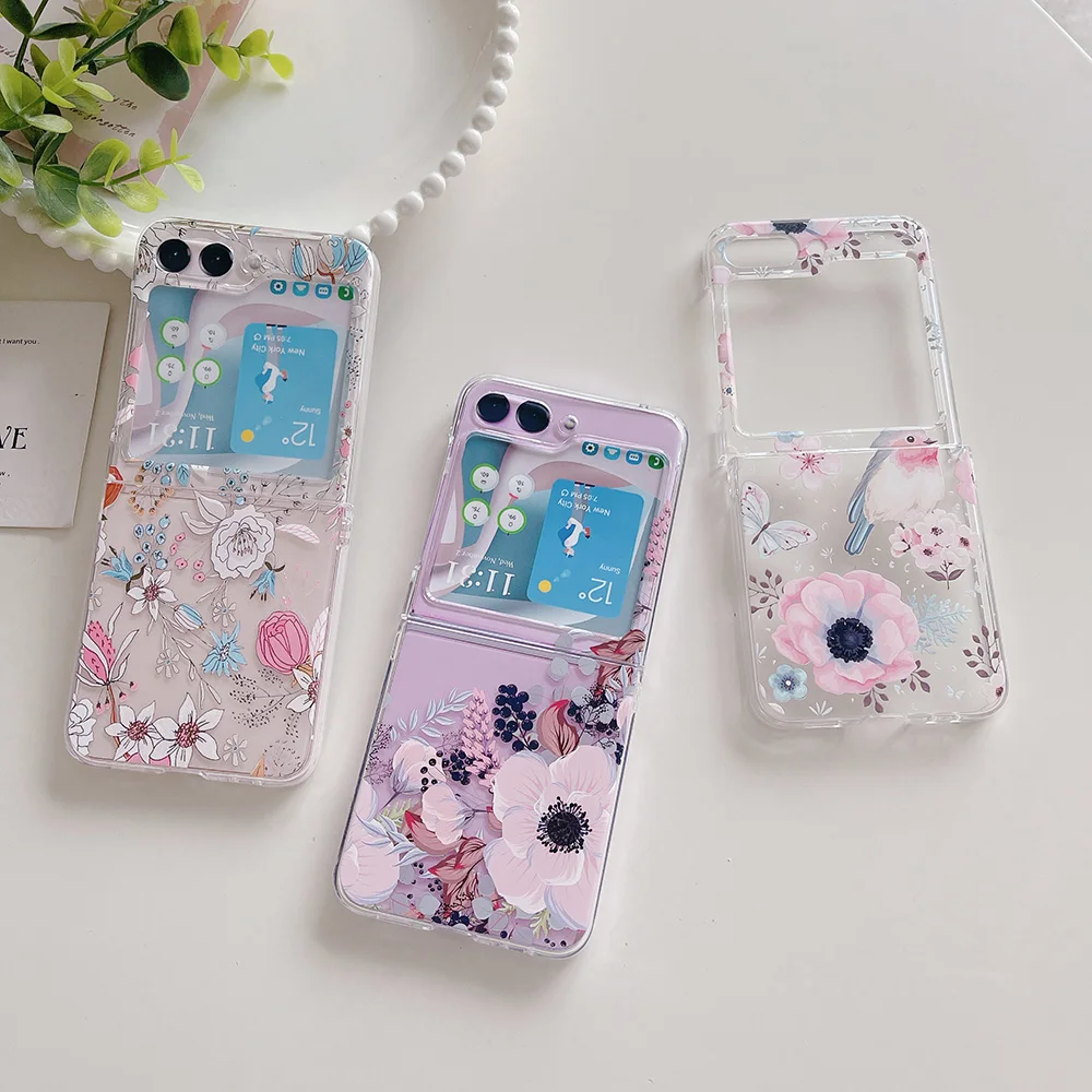 Lark hand painted flowers Phone Case for Samsung Z Flip 5 4 5G Transparent Shockproof Z Flip 3 4 5 5G Funda Coque