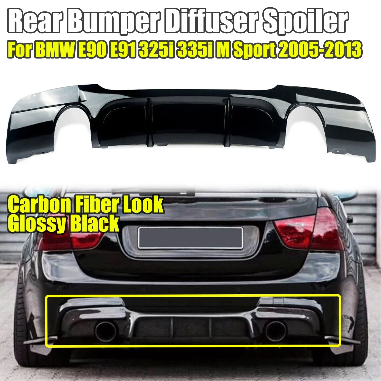For 2005-2013 BMW 3 Series 325i 335i E90 E91 M Sport Rear Bumper Diffuser Lip 2005-2013 Glossy Black Carbon Fiber Style