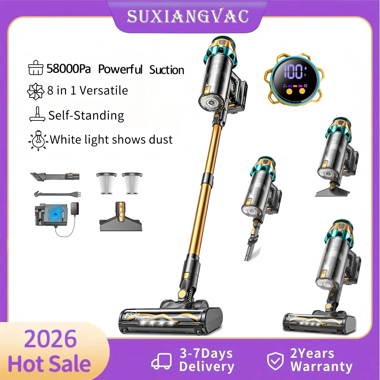 

Cordless Vacuum Cleaner, 8 in 1 Powerful Self-Standing Stick Vacuum Cleaners for Home with 1.8L Dust Cup, Anti-Tangle Brush & 3 Suction Modes, Vacuum Cleaner for Hardwood Floors, Carpet, Pet Hair