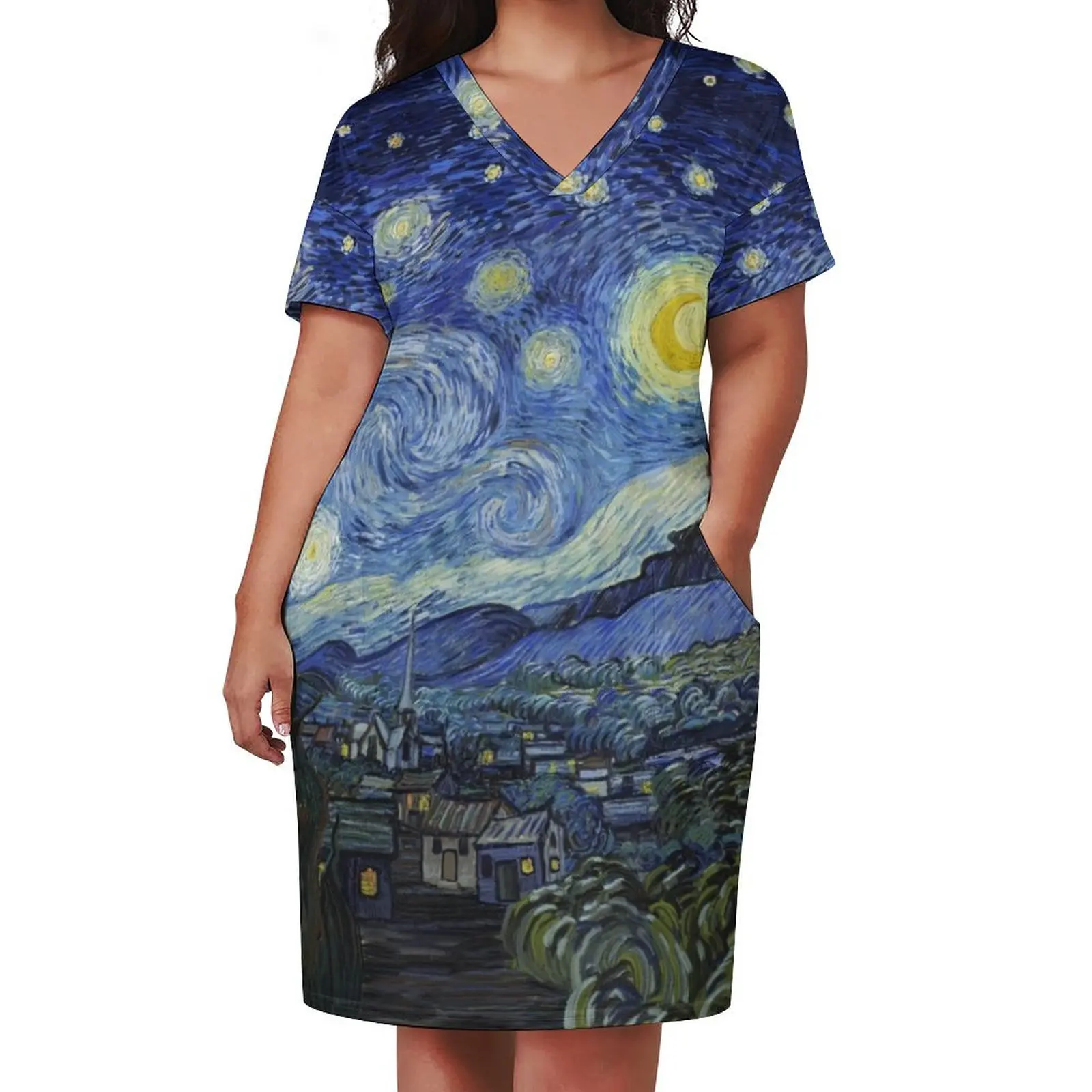 The Starry Night Panorama Loose Pocket Dress long sleeve dresses Summer skirt Summer dresses for women