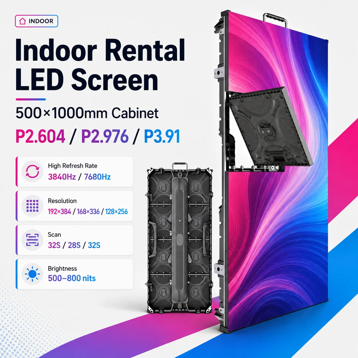 Indoor P2.604 P2.976 P3.91 LED Rental Display Cabinet 500x1000mm Full Color LED Matrix Wall RGB LED Display