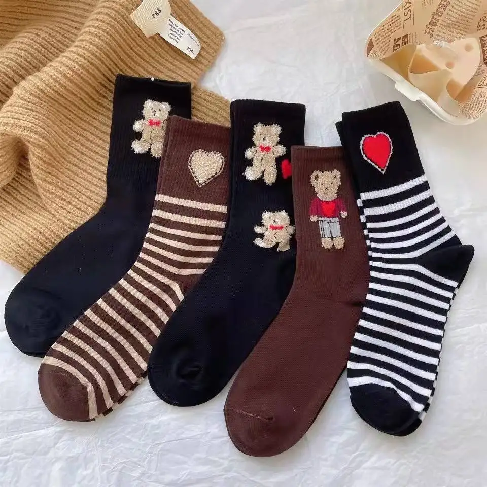 

5 Pairs Cute Cartoon Bear Embroidery Women Socks Autumn Spring Casual Cute Heart Stripe Girl Tube Socks Chic Korean Style Socks