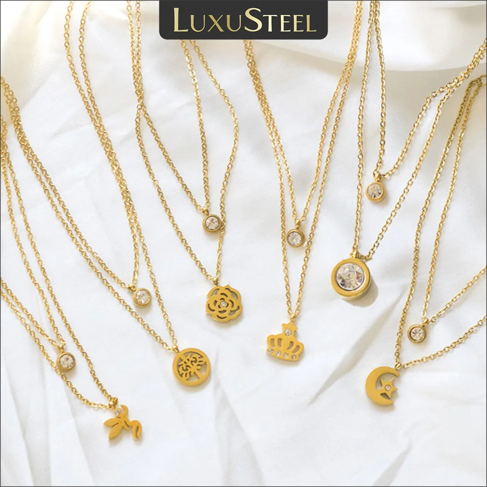 LUXUSTEEL Double Layer Chain Pendants Necklaces For Women Girls Golden Color Silver Tone Stainless Steel CZ Crystal Round Choker