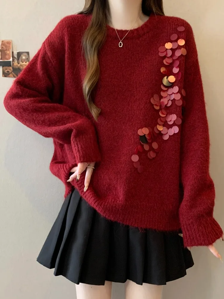 Ele Rode Gebreide Trui Dames Lente Herfst Winter Grote Maat Heldere Pailletten Top Faionable Oulder Dames Knitwear