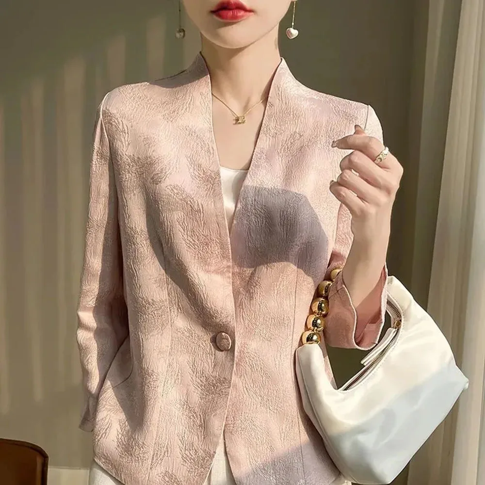 2024 New Women\'s Jacquard Short Jacket Spring Summer One Button Slim Blazers Casual Top Lady Pink White Office Elegant Suit Coat