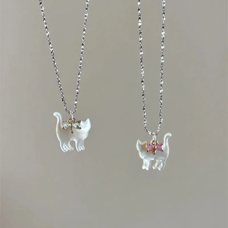 Cute Transparent Cat Rhinestone Pendant Necklace Silver Plated Chain Women Girls Fashion Collar Necklace Party Gift